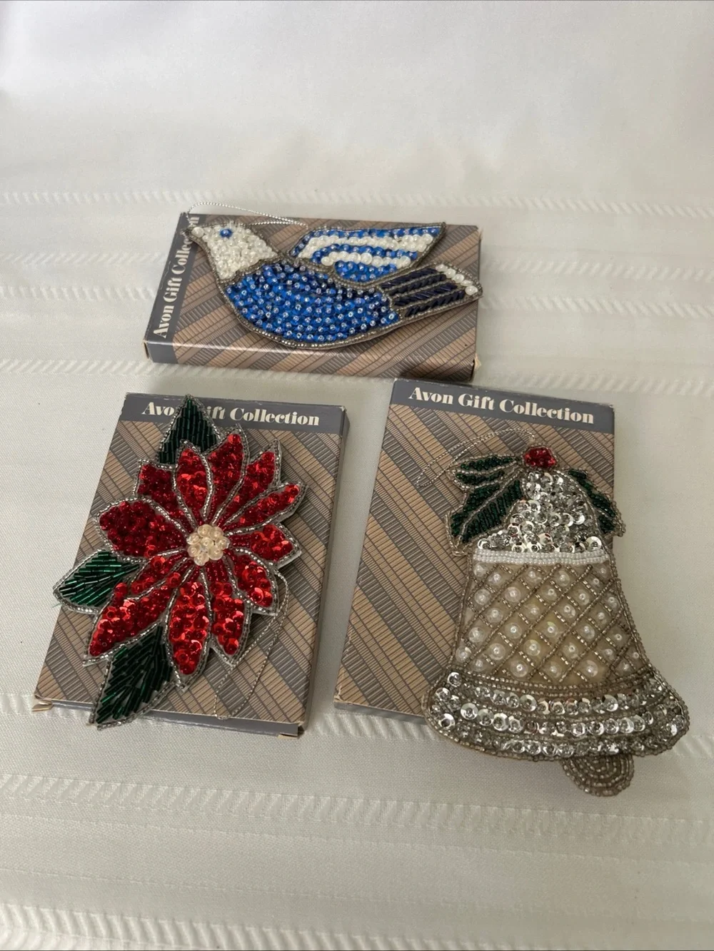 Vintage Set of 3 Avon Christmas Ornament Bell Pointsettia Dove Shimmering Sequin